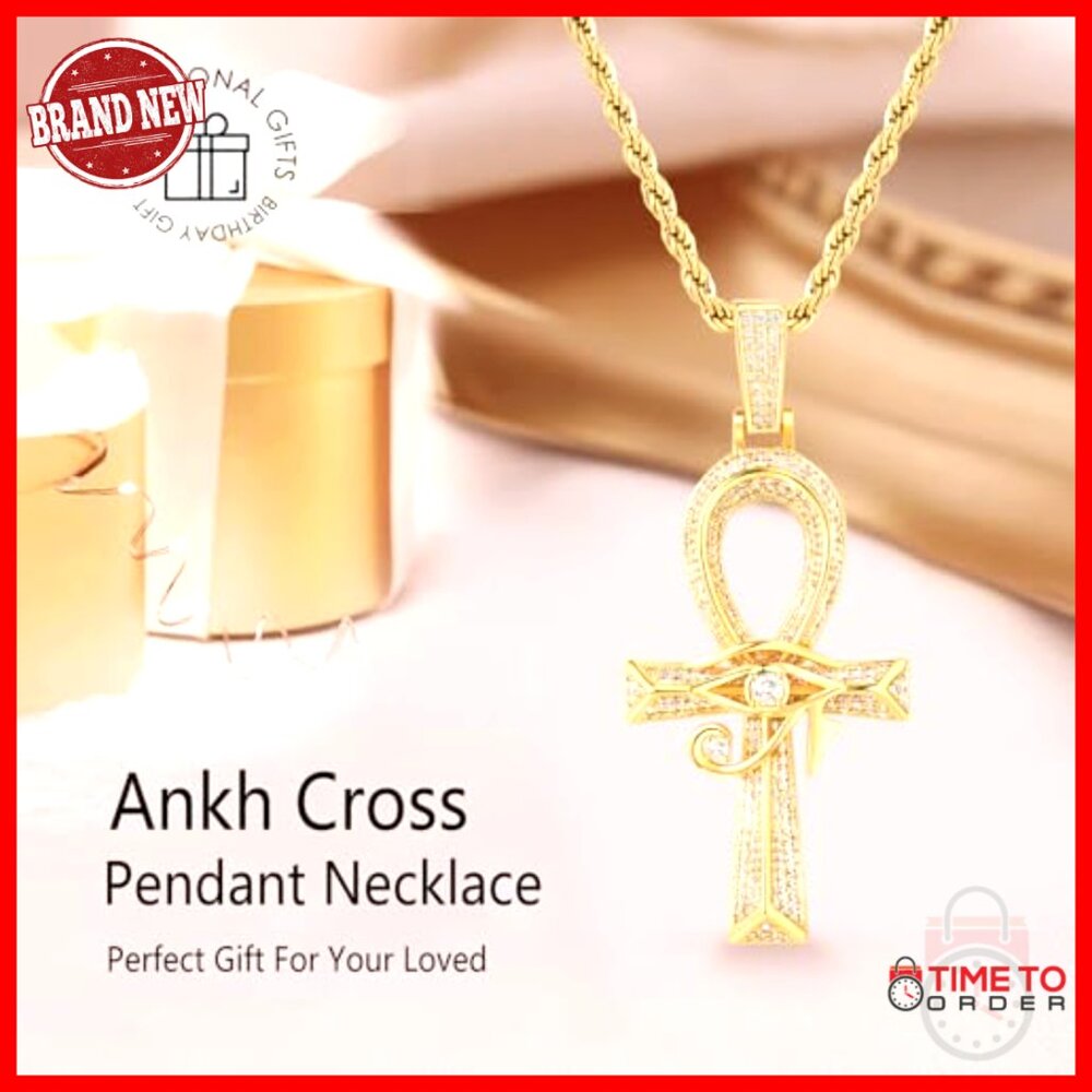 18K Gold Plated Ankh Cross Pendant Necklace with CZ Stones 24 Inch Chain - Picture 3 of 7